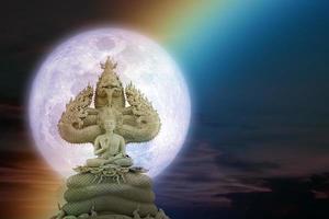 buddha skyddad av huven av den mytiska kungen naga på natthimlen och månen foto