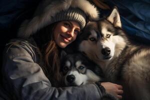 ai genererad ung kvinna kramas med henne huskies hund med generativ ai foto