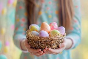ai genererad ung flicka hand innehav färgrik pastell påsk ägg korg med generativ ai foto