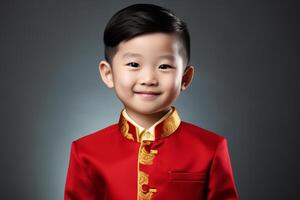 ai genererad kinesisk ny år ung pojke bär kostym och leende med generativ ai foto