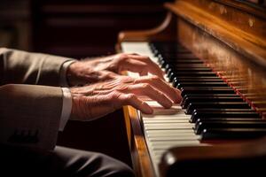 ai genererad stänga upp av händer spelar de piano bokeh stil bakgrund med genererad ai foto