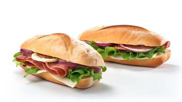 färsk smörgås med skinka, ost, tomater, snabb mat på vit bakgrund, isolera. ai genererad. foto