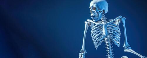 mänsklig skelett i lampa ljus, blå bakgrund. vetenskaplig kropp anatomi. ai genererad. foto