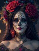 skön kvinna med målad skalle på henne ansikte för Mexikos dag av de död, ai generativ foto