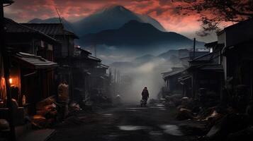 en samuraj står i de gränd av ett gammal hus i de kicho dal på natt.genererad med ai foto