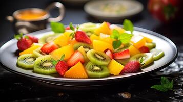 Foto av tropisk frukt sallad med honung-lime klä på sig som en maträtt i en high-end restaurang. generativ ai