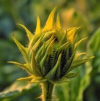 ai generativ närbild detalj av en gul solros hellanthus livränta med kronblad och stigma i trädgård foto