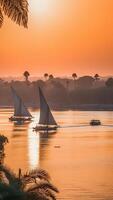 ai generativ fellucas på de flod nile segling på solnedgång foto