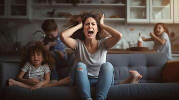 ai generativ utmattad ung mamma sitta på soffa i kök känna sjuk trött från skötte sig illa högt liten barn löpning spelar sjuk irriterad mor eller barnskötare koppla av på soffa lida från huvudvärk parenti foto