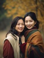ai generativ asiatisk mor och dotter leende tillsammans utanför Lycklig familj har kärleksfull stunder moderskap och Lycklig livsstil begrepp foto