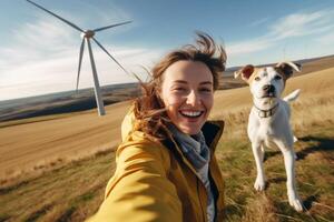 ai generativ attraktiv caucasian flicka är tar en selfie med henne hund i de landsbygden caucasian människor människor djur- livsstil natur och teknologi begrepp foto