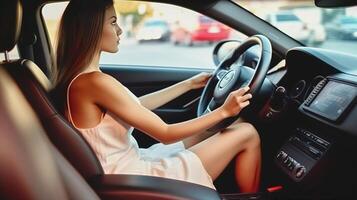 ai generativ attraktiv ung caucasian flicka körning en bil foto