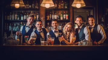 ai generativ bartender häller alkohol från de flaska in i de glasögon Lycklig vänner grupp hängande ut på helgen natt på cocktail bar mötesplats liv stil begrepp med bartender framställning drycker och foto