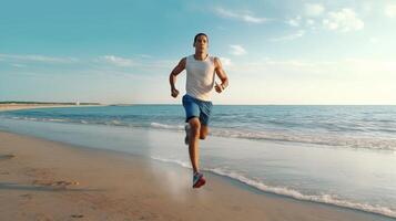ai generativ svart idrottare löpning man manlig löpare på de strand lyssnande till musik på smartphone joggare Träning med smart telefon armbindel foto