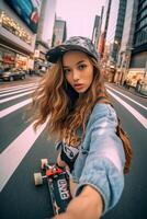 ai generativ caucasian flicka är tar en selfie med henne smartphone på henne skateboard konkret handla om sport människor livsstil och teknologi foto