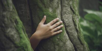 ai generativ närbild kvinna händer kramas träd trunk foto