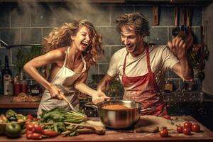 ai generativ par i kärlek har roligt skrattande i de kök matlagning grönsaker foto