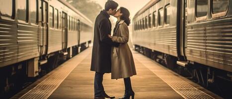 ai generativ par av älskande är kissing medan väntar de tåg på de station kärlek Semester transport och livsstil begrepp foto