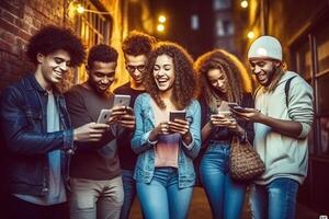 ai generativ olika ung människor använder sig av smart mobil telefon enhet utomhus raser vänner tittar på smartphone tillsammans tonåringar ladda upp rulle video på social media plattform ungdom kult foto