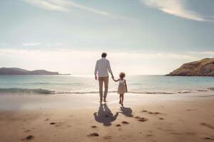 ai generativ far och dotter innehav händer på de strand jag kärlek du pappa familj begrepp foto