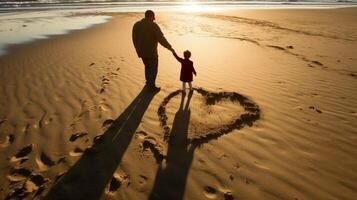 ai generativ far och dotter innehav händer på de strand jag kärlek du pappa familj begrepp foto