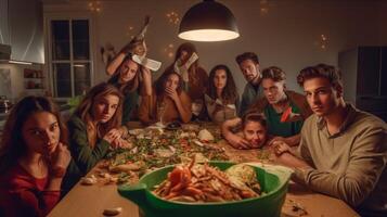 ai generativ vänner tar en selfie i de kök bär grön bönor stjälkar under deras näsor medan stående i främre av tabell full grönsaker och pasta foto