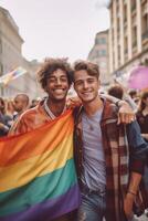 ai generativ Gay man med regnbåge flagga leende på kamera HBTQ stolthet begrepp med glad homosexuell kille skrattande utanför foto