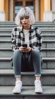 ai generativ flicka använder sig av henne smartphone Sammanträde på en trappa utomhus- caucasian människor begrepp handla om människor livsstil och teknologi foto