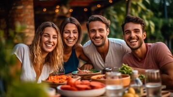 ai generativ grupp av caucasian vänner har roligt matlagning togheter pasta och grönsaker foto