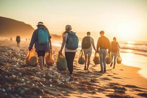 ai generativ grupp av eco volontärer plockning upp plast skräp på de strand aktivist människor samlar sopor skyddande de planet hav förorening miljö- bevarande och ekologi konc foto