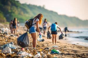 ai generativ grupp av eco volontärer plockning upp plast skräp på de strand aktivist människor samlar sopor skyddande de planet hav förorening miljö- bevarande och ekologi konc foto