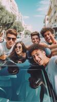 ai generativ grupp av vänner har roligt på bil resa fyra caucasian människor på en sportigt bil med händer upp foto