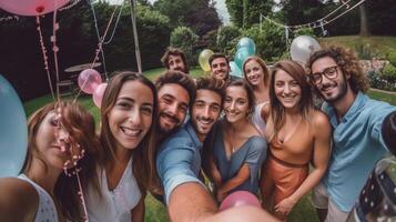 ai generativ grupp av Lycklig vänner tar selfie på bbq utomhus- middag i Hem trädgård raser ung människor äter mat och har roligt på utegrill bakgård hus fest ungdom och friendshi foto