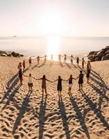 ai generativ grupp av raser vänner dans limbo på strand foto