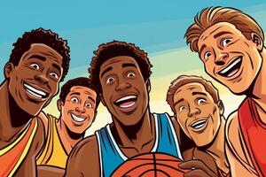 ai generativ grupp av raser vänner tar en selfie i en basketboll domstol begrepp handla om människor sport och teknologi foto
