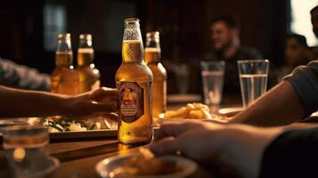 ai generativ grupp av människor har lunch på bryggeri bar restaurang stänga upp glas öl på dining tabell bryggeri och mat begrepp foto