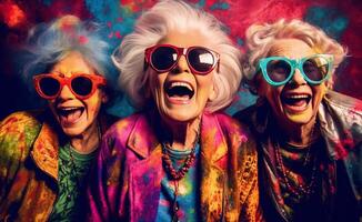 ai generativ grupp av senior kvinnor tar selfie fastnar ut tunga och visar sten n rulla hand gest rolig liv stil begrepp med tre kvinna bäst vänner har roligt tillsammans på stad stre foto