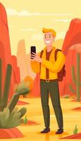 ai generativ handome man tar en selfie på semester på en färgrik natur landskap foto