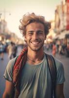 ai generativ stilig turist tar en selfie på semester ung man leende på de kamera i en urban scen caucasian människor begrepp handla om människor livsstil och teknologi foto