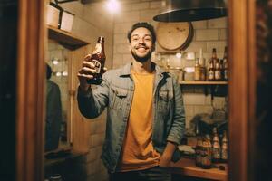 ai generativ Lycklig bartender tar en selfie ung caucasian man är leende på de kamera begrepp handla om människor livsstil och teknologi foto