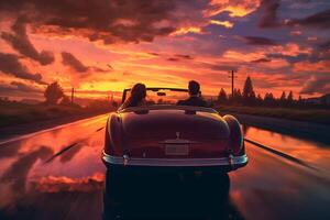 ai generativ Lycklig par körning en konvertibel bil på solnedgång på de väg ung människor njut av cabriolet bil på Semester foto