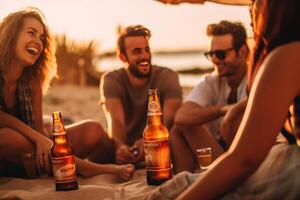 ai generativ Lycklig vänner glädjande öl flaskor på sommar solnedgång bakgrund ung människor fira fest utanför Lycklig livsstil begrepp med grabbar och flickor njuter dag ut tillsammans foto