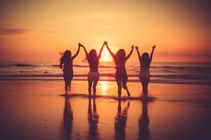 ai generativ Lycklig vänner har roligt på solnedgång strand sommar semester begrepp foto