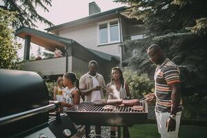 ai generativ Lycklig raser familj har bbq middag fest utanför grupp av vänner dining på trädgård restaurang ung människor njuter lunch ha sönder tillsammans mat och dryck livsstil konc foto