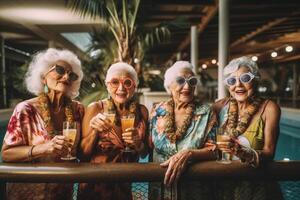 ai generativ Lycklig senior kvinnor dricka cocktail glasögon Sammanträde på bar tabell grupp av bäst vänner njuter Lycklig timme glädjande drycker på pub restaurang liv stil begrepp med flickor hangin foto