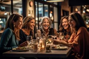 ai generativ Lycklig senior kvinnor dricka cocktail glasögon Sammanträde på bar tabell grupp av bäst vänner njuter Lycklig timme glädjande drycker på pub restaurang liv stil begrepp med flickor hangin foto