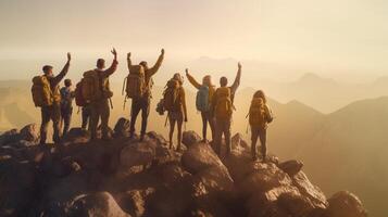 ai generativ inspiration och vandring begrepp grupp av vandrare klättrande en berg på semester vandrare man stående på de topp av de vulkan ser de panorama foto