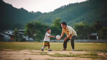 ai generativ unge sparkar fotboll boll medan spelar med hans familj aktiva familj har roligt utomhus njuter fritid tid barndom och Lycklig livsstil begrepp foto