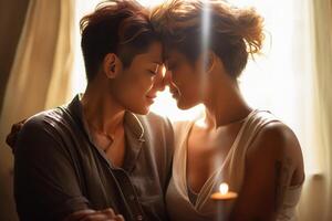ai generativ lesbisk par kissing på de säng Gay kvinnor tillsammans inomhus- foto