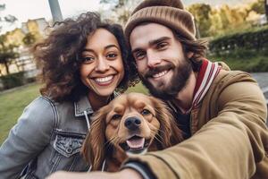 ai generativ kärleksfull caucasian par tar en selfie på de parkera utomhus- begrepp handla om människor teknologi natur och livsstil foto